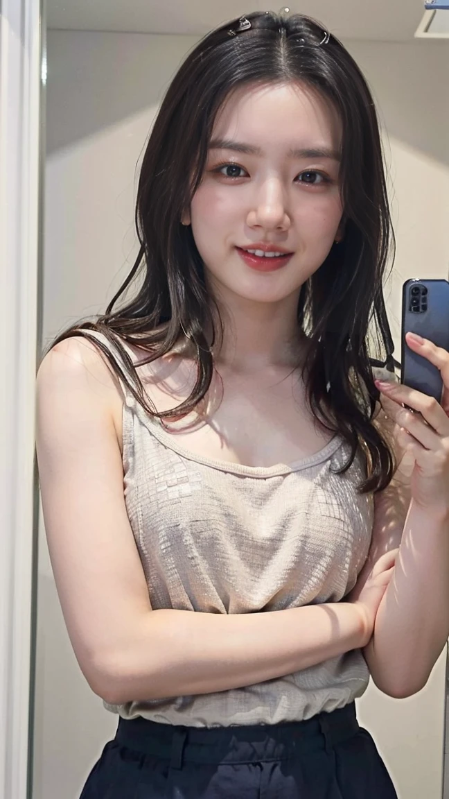 (8K、RAW Photos、Highest quality、masterpiece:1.2)、(Realistic、Realistic)、1 Girl、((camisole、pants、Too much exposure、Bust Emphasis、Take a selfie through the mirror、smile、View from the front、smile、Are standing))、