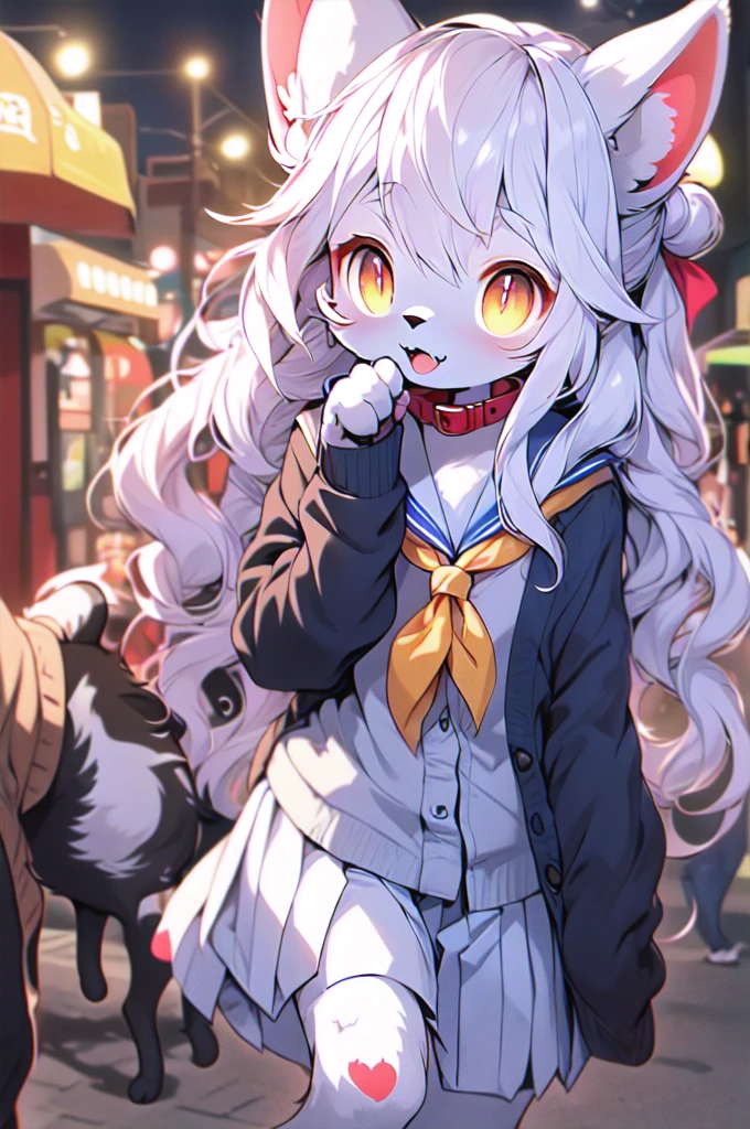 1 furry feline cat girl , Himiko toga , double bun, sidelocks,  sailor collar, red neckerchief, slit pupils, sharp teeths, pleated skirt, serafuku, cardigan,  long sleeves,  blue saillor collar, yellow eyes 