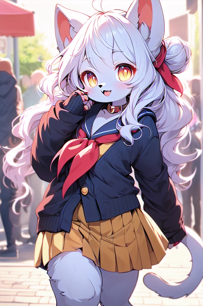 1 furry feline cat girl , Himiko toga , double bun, sidelocks,  sailor collar, red neckerchief, slit pupils, sharp teeths, pleated skirt, serafuku, cardigan,  long sleeves,  blue saillor collar, yellow eyes 