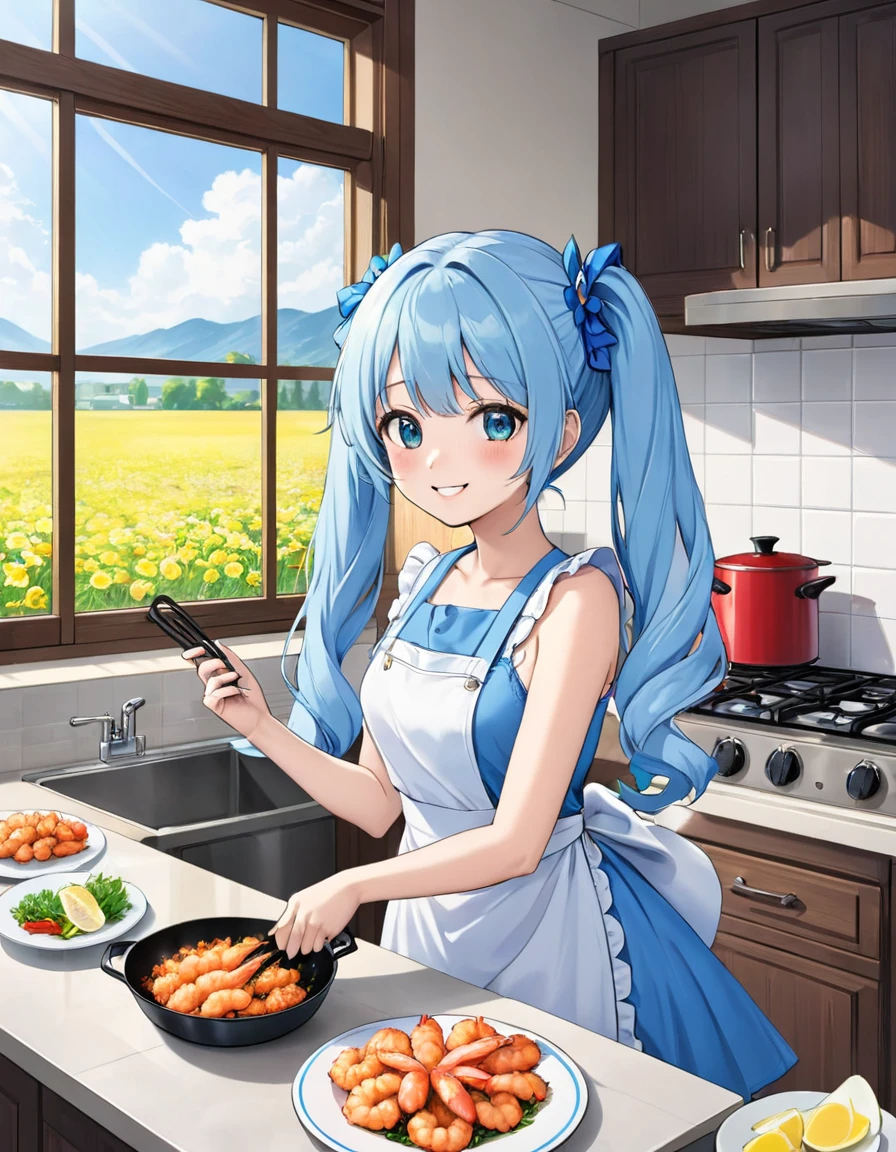Light blue long hair、Beautiful girl with twin tails、Bright kitchen、Outside the window you can see a flower field、They are having fun frying fried shrimp.、Bright smile、