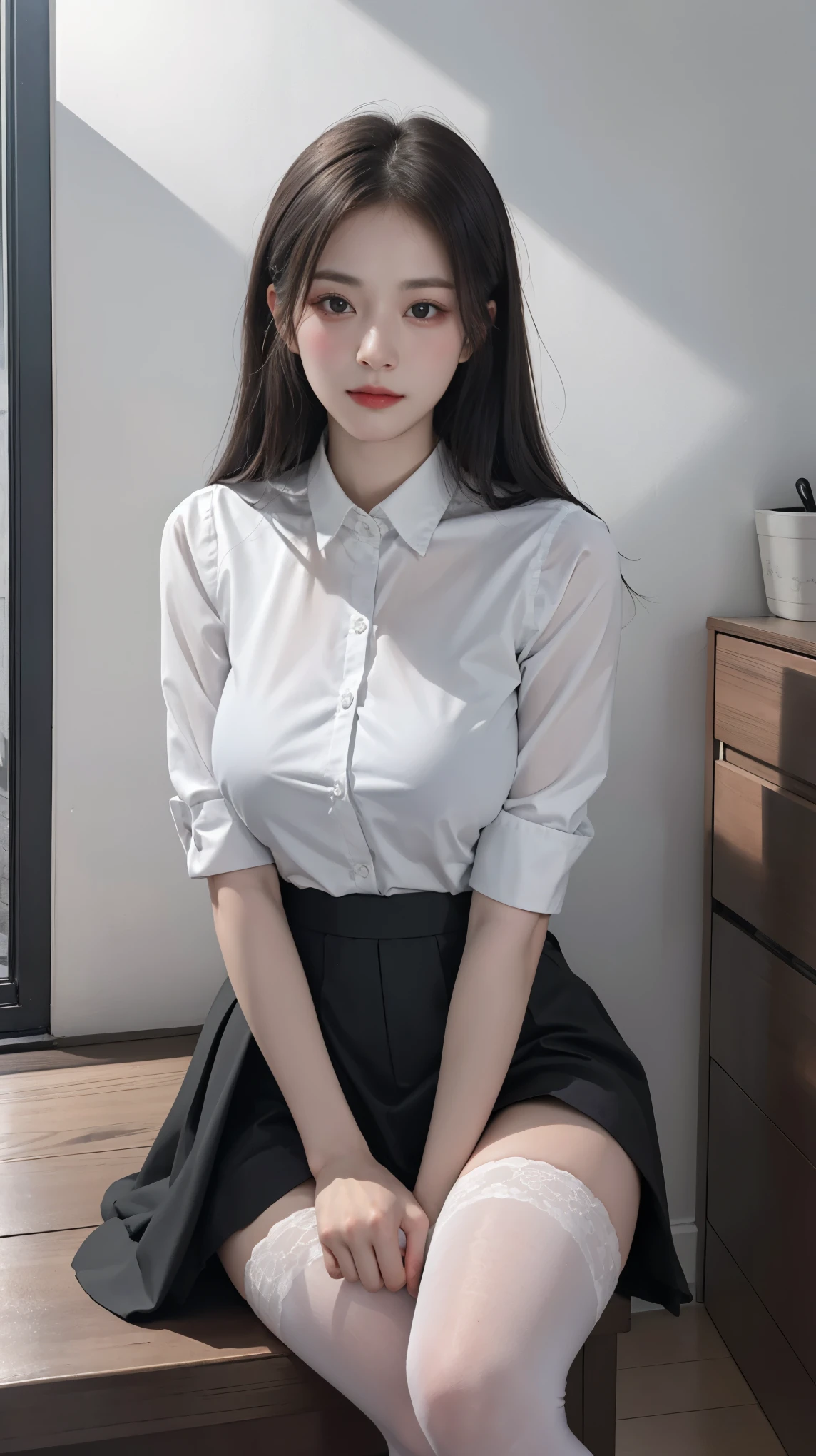 ultra Realistic 8k cg, picture-perfectionな顔, perfection, clean, masterpiece, Professional artwork, Famous works of art, perfectionな顔, Beautiful Face, beautiful eye, ((perfectionな女性の体)), alone,(Immersive atmosphere, Chiaroscuro:1.5,Bright light:1.2,Bright lighting),(blush:0.5),Seductive look,Very detailed_eye,Thick thighs,Large Breasts,Beautifully detailed backgrounds,Depth of written boundary,Realistic:1.3, Long Shot,One girl,shirt,Pleated skirt, , Sitting, whole body,
(Zhou Haoguang:1.3),(Structure of the film:1.3),(Neon Light:0.1),(High resolution:0.1),Accent lighting, White Pantyhose,