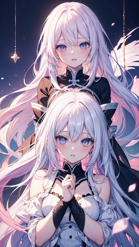 2 anime girl: 1 with blue eyes and white hair and 1 with pink eyes and pink hair, beautiful anime girls, zerochan art, digital art on pixiv, guweiz on pixiv artstation, nightcore, pixiv, anime girls, trending on artstation pixiv, beautiful anime art style, beautiful anime artwork, (ultradetailed eyes), Dramatic, superfine illustration, Extremely detailed, two girl in,ager, (pale skin), long white hair, Ethereal eyes, Blue eyes,blush,Smile, Happy, Laugh, Enjoy, Open mouth, Pouty lips,Cinematic lighting, Looking at Viewer