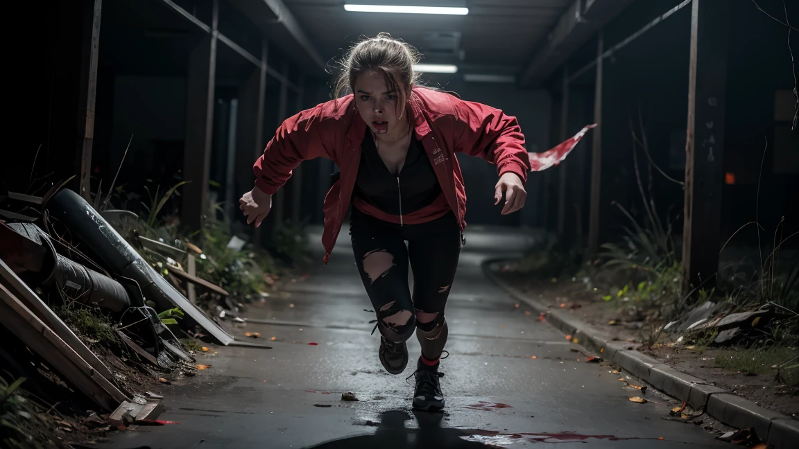 A beautiful girl in a horror film, covered in blood, runs away from a killer, her clothes are torn, she&#39;s wearing only underwear, Her breasts are visible, She&#39;s very scared, fright on his face, 