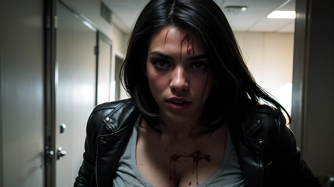 A beautiful woman in a horror film, covered in blood, runs away from a killer, her clothes are torn, fright on his face,