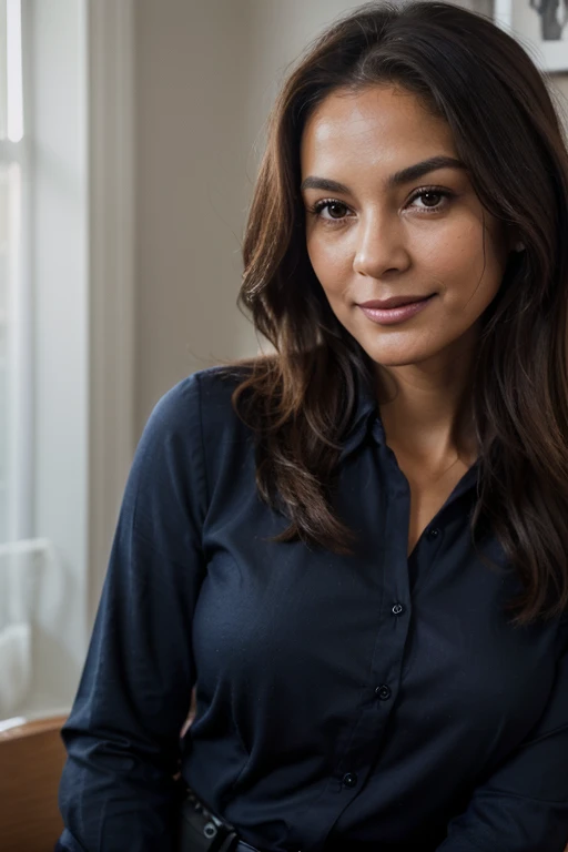(Best quality, High-resolution, Ultra-detailed: 1.2), High Contrast, Dramatic lighting, Photo of a 45-year-old brunette woman, Robust and radiant, with a negro complexion, Shoulder-length hair, subtly wavy yet straight with a touch of abundance, Gangly but elegantly so, Wearing an office outfit, Navy blue long-sleeve shirt, Buttoned up with a subtle hint of vulnerability, Detailed facial features, wrinkles of wisdom etched softly onto her skin, A hint of blush on the cheeks, (0.5), Genuine smile, Lines of