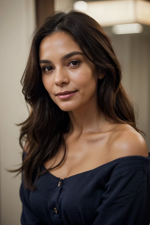 (Best quality, High-resolution, Ultra-detailed: 1.2), High Contrast, Dramatic lighting, Photo of a 45-year-old brunette woman, Robust and radiant, with a negro complexion, Shoulder-length hair, subtly wavy yet straight with a touch of abundance, Gangly but elegantly so, Wearing an office outfit, Navy blue long-sleeve shirt, Buttoned up with a subtle hint of vulnerability, Detailed facial features, wrinkles of wisdom etched softly onto her skin, A hint of blush on the cheeks, (0.5), Genuine smile, Lines of