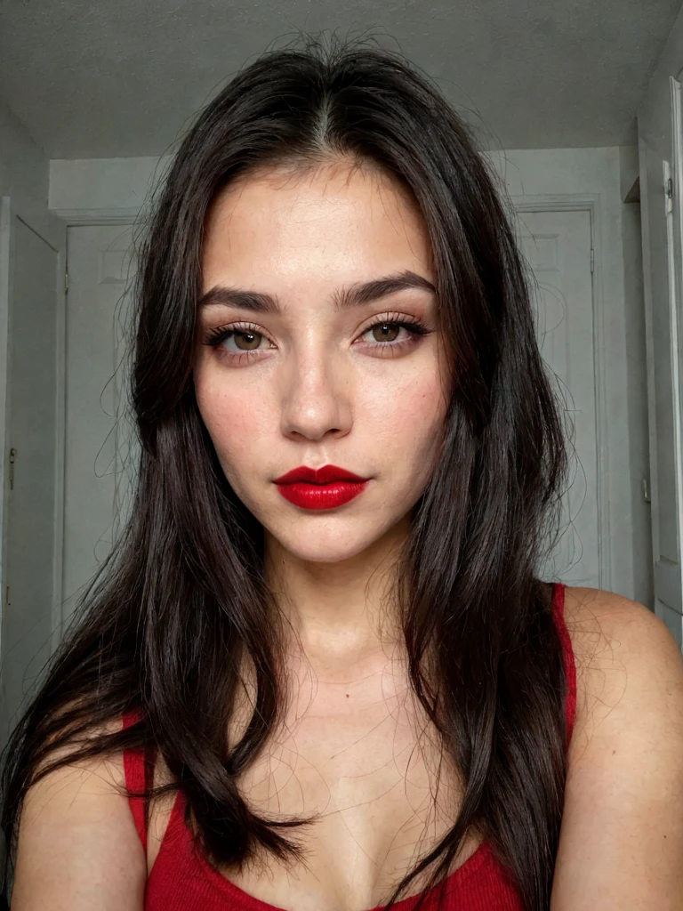 Woman selfie, long dark brown hair, black eyes, red lipstick, ultra realistic