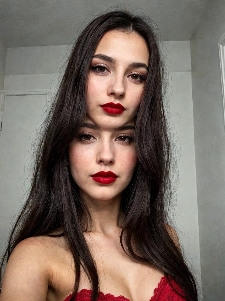 Woman selfie, long dark brown hair, black eyes, red lipstick, ultra realistic