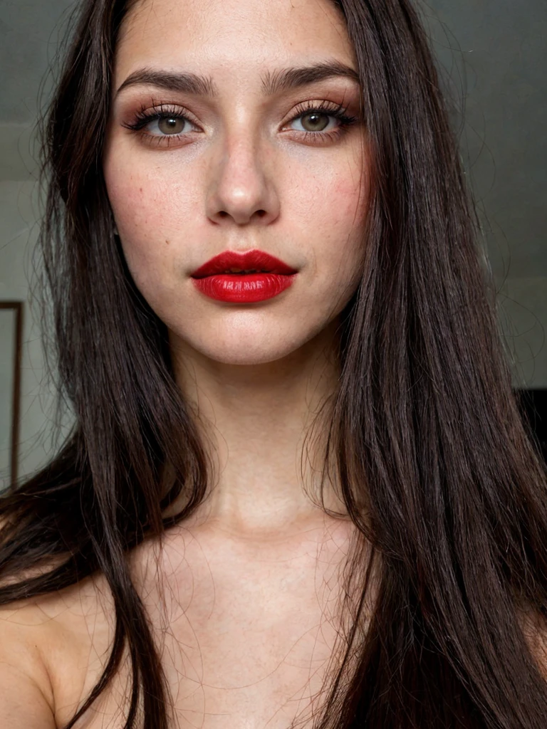 Woman selfie, long dark brown hair, black eyes, red lipstick, ultra realistic
