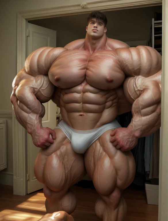 1boy, giant, alone, giant bodybuilder, wet, illuminating light, strong body, bulk, large size, stay in the wardrobe room, indoor, hand on hip, nude, white triangular underwear, massive bulge, extraordinary big, brutalmass, giant muscular body, bulk, buff, massive body, large meaty body size, extremely wide body,