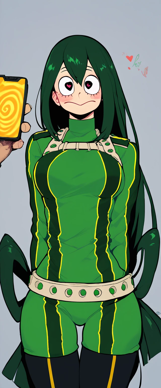 score_9_up, score_8_up, score_7_up, cowboy shot, 1girl, Asui Tsuyu\(boku no hero academia\), green hair, very long hair, low-tied long hair, tied hair, black eyes, wide hips, medium breasts,  uniform, source_anime, anime style, (hypnosis, standing, street at night, heart-shaped pupils, brainwashed, blush, looking at viewer, thigh gap, phone, heart, eye symbol, rating_questionable, pov)