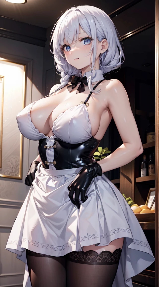 (Best quality at best, 4K, 8K, A high resolution, masterpiece:1.2), ultra - detailed, Nice face, detailedfacialfeatures, size is large, Realistic skin, wears white summer dress, underbust singe, sleeveless top, (A high resolution: 1.1), (actual: 0.9), (Vibrant colors), (youthful), (dynamics), (beautiful detailed face), (detailedfacialfeatures), (Breastis large), (one bar prison), one bar prison goes up under skirt, thigh highs,
