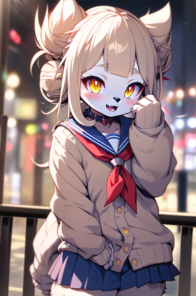 1 furry feline cat girl , Himiko toga , double bun, sidelocks,  sailor collar, red neckerchief, slit pupils, sharp teeths, pleated skirt, serafuku, cardigan,  long sleeves,  blue saillor collar, yellow eyes 