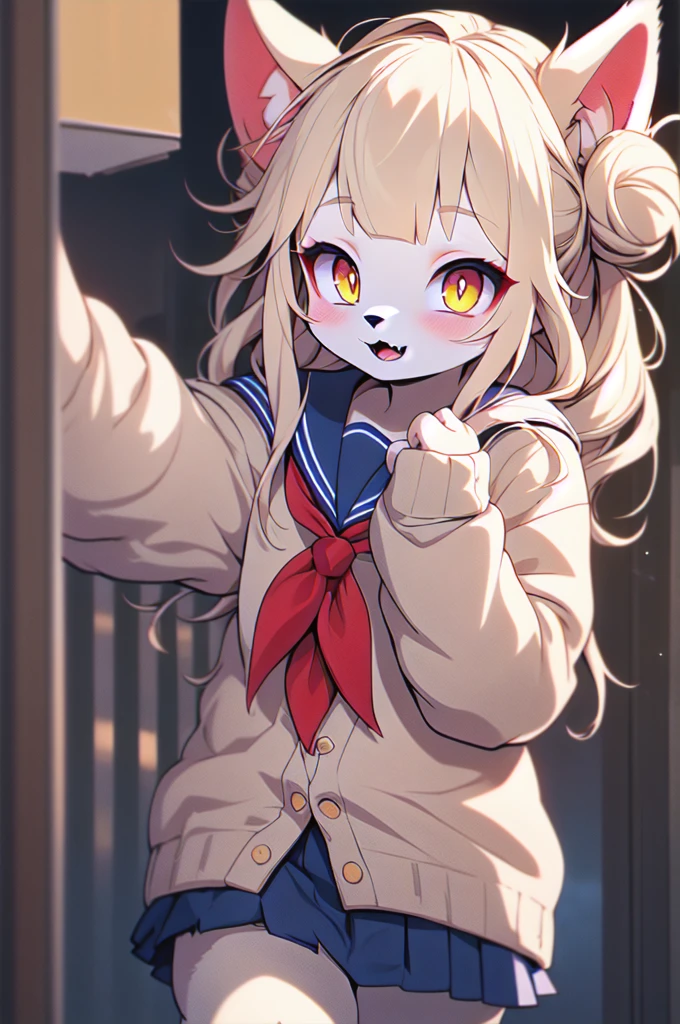 1 furry feline cat girl , Himiko toga , double bun, sidelocks, sailor collar, red neckerchief, slit pupils, sharp teeths, pleated skirt, serafuku, cardigan, long sleeves, blue saillor collar, yellow eyes