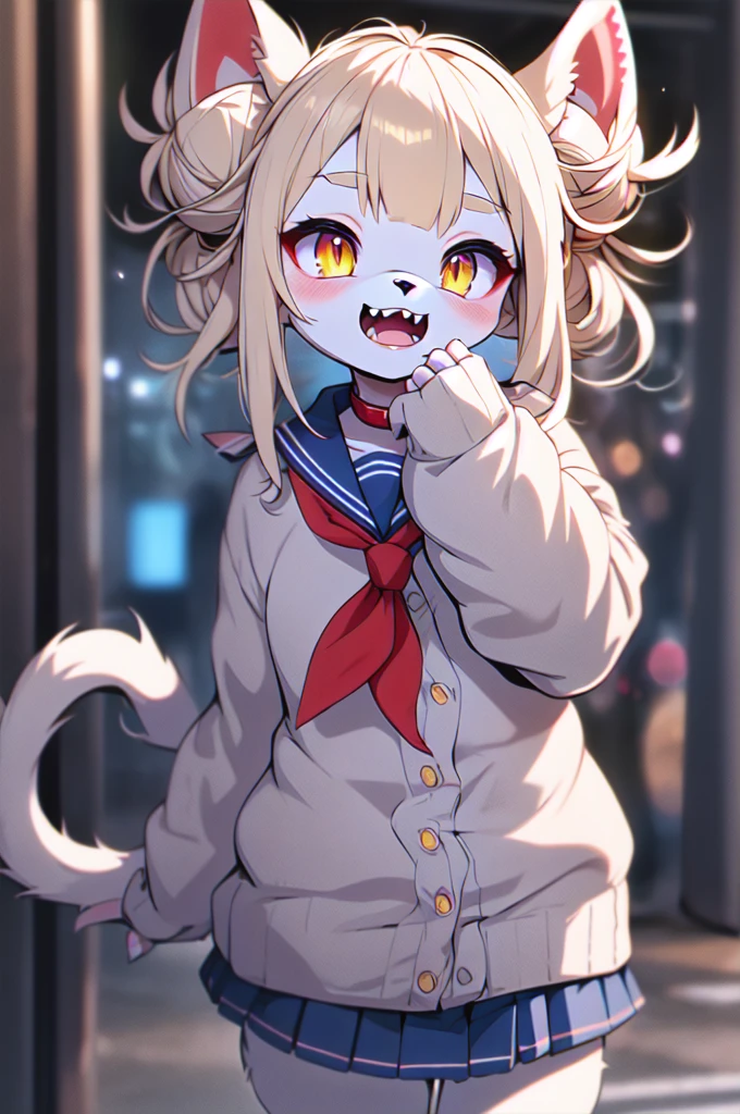 1 furry feline cat girl , Himiko toga , double bun, sidelocks,  sailor collar, red neckerchief, slit pupils, sharp teeths, pleated skirt, serafuku, cardigan,  long sleeves,  blue saillor collar, yellow eyes 