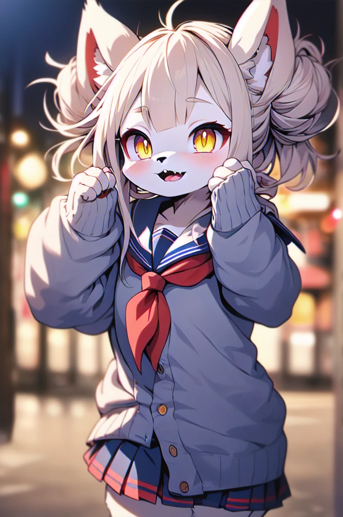 1 furry feline cat girl , Himiko toga , double bun, sidelocks,  sailor collar, red neckerchief, slit pupils, sharp teeths, pleated skirt, serafuku, cardigan,  long sleeves,  blue saillor collar, yellow eyes 