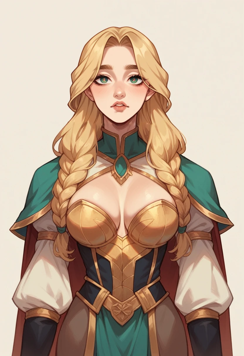 A 15-year-old female human with an ectomorph build, light-medium skin, and long, gold hair styled simply. The girl is naked with a beautiful body, big toned breasts with soft skin