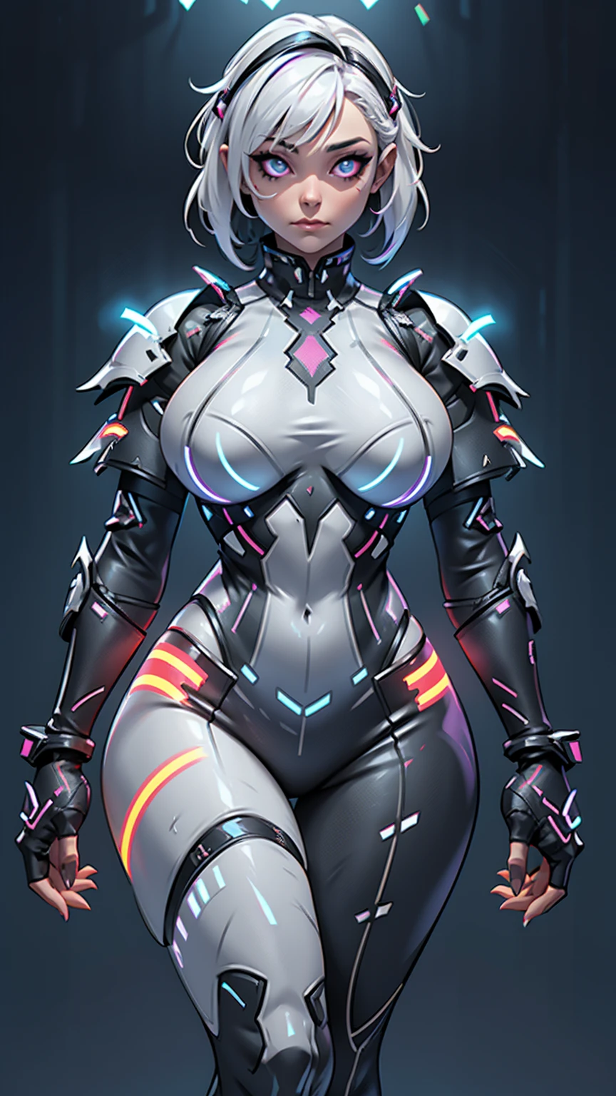 1 girl,grey skin,white armor,rgb led clothes,huge breasts,open bust,white hair,colored skin,rgb trim,busty,high resolution,4k,futuristic