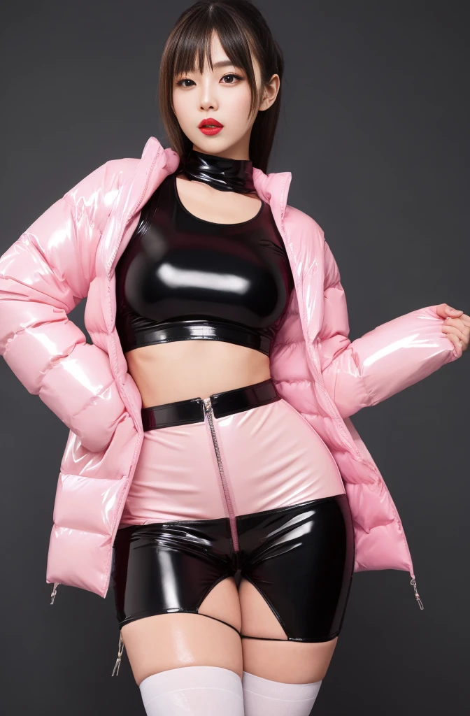 crotch seam:2.0 (best quality,pink latex highleg loincloth :1.2~1.7 )) ((High Detail shiny pink-white latex midriff puffer down jacket ))