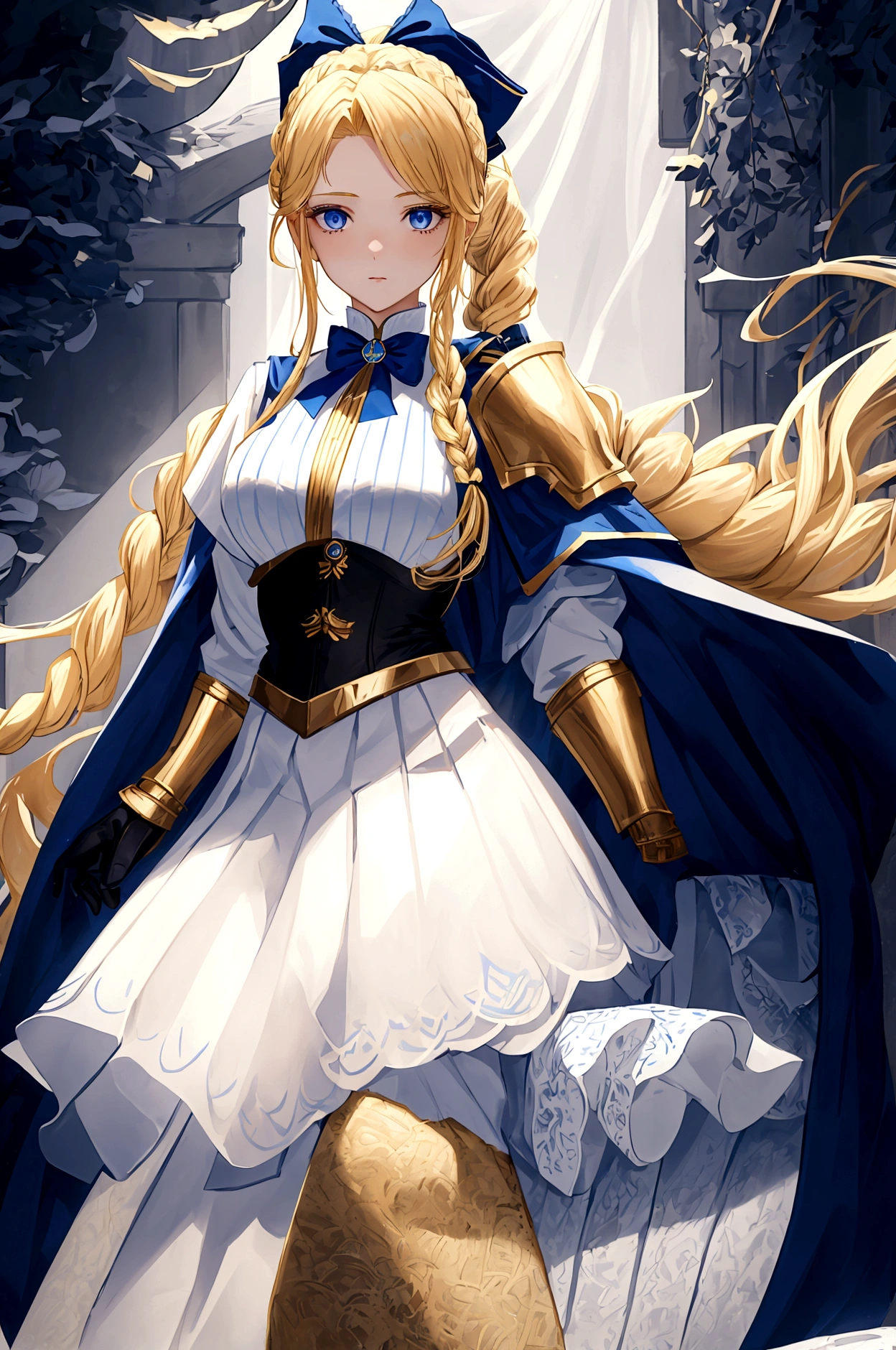 19 years old young girl with long golden blonde hair and dark blue eyes. hair is tied up on both sides of her head and in a long braid with a white lace bow tied at the end. very white skin and wears gold full armor over a dark blue uniform with a blue cape, as well as white leather boots and a blue and white skirt.
