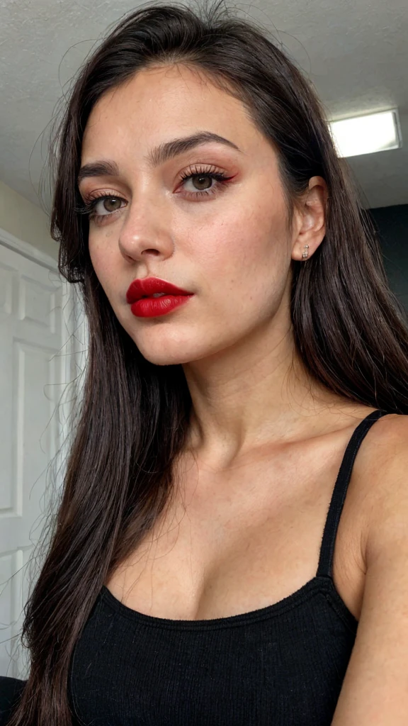 Woman selfie, long dark brown hair, black eyes, red lipstick, ultra realistic