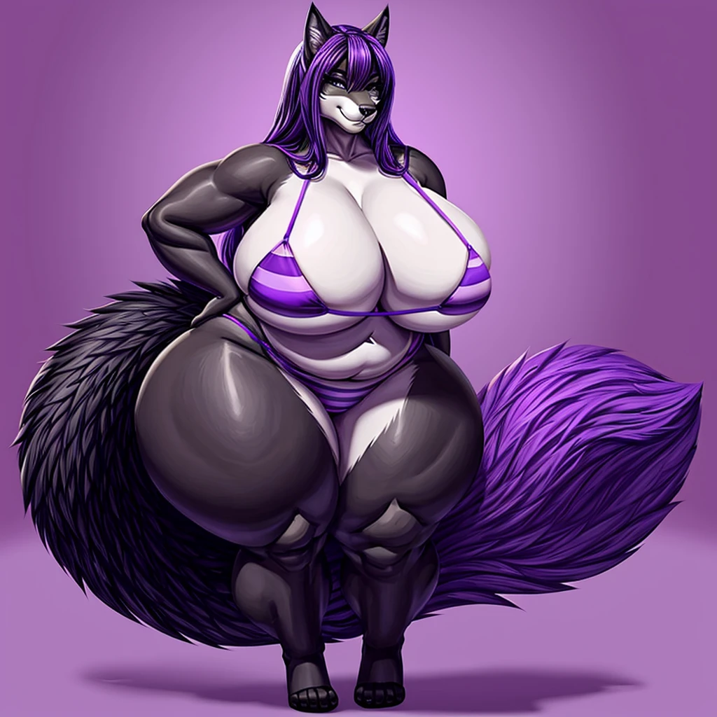Wolf, female, long hair, huge breasts, huge hips, huge thighs, plump, voluptuous, gorgeous, beautiful, eyelashes, top heavy, bottom heavy, fluffy tail,black fur,black body, purple hair, black stripes bikini , purple stripes,fat
