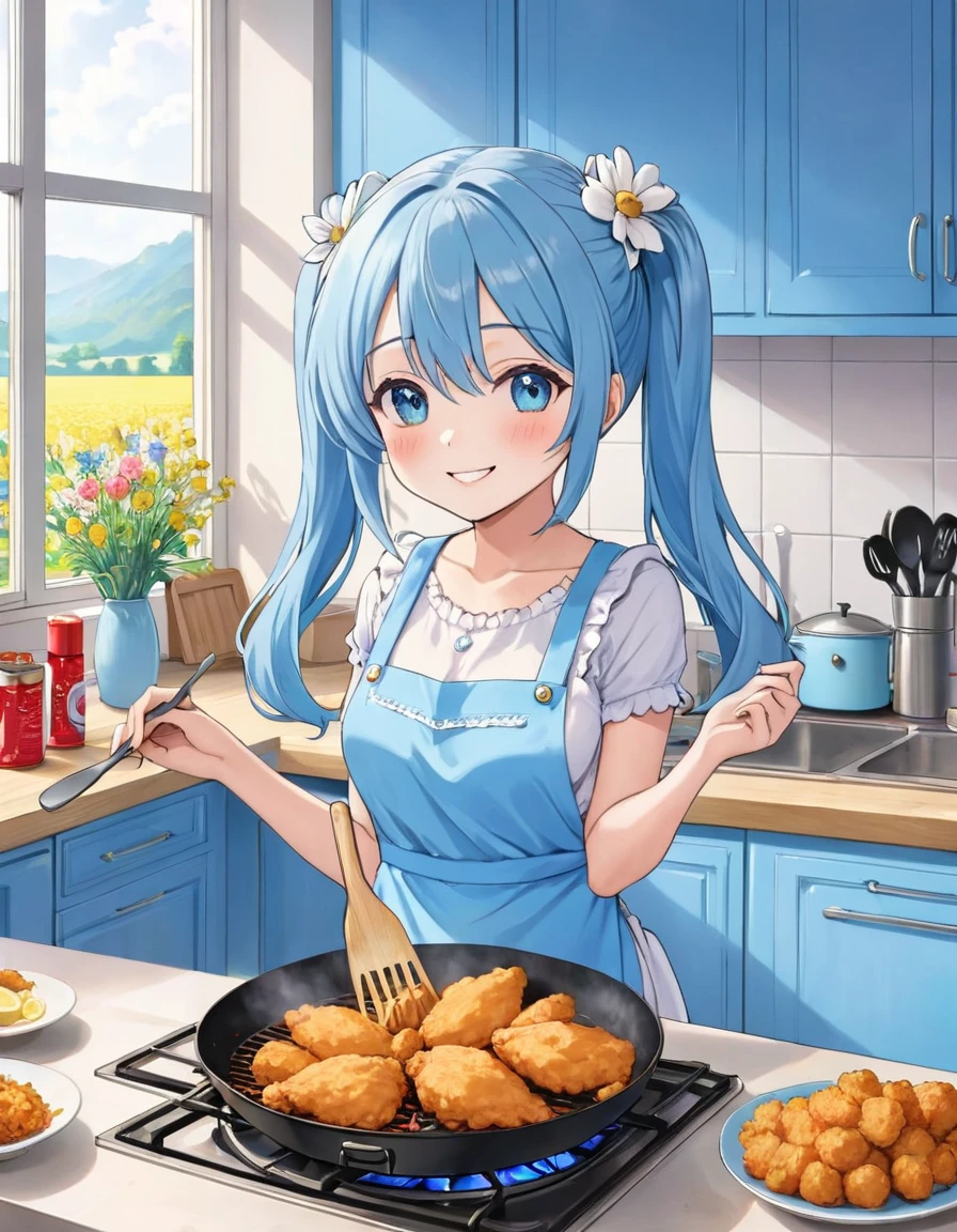 Light blue long hair、Beautiful girl with twin tails、Bright kitchen、Outside the window you can see a flower field、It looks like fun. They are frying fried chicken.、Bright smile、