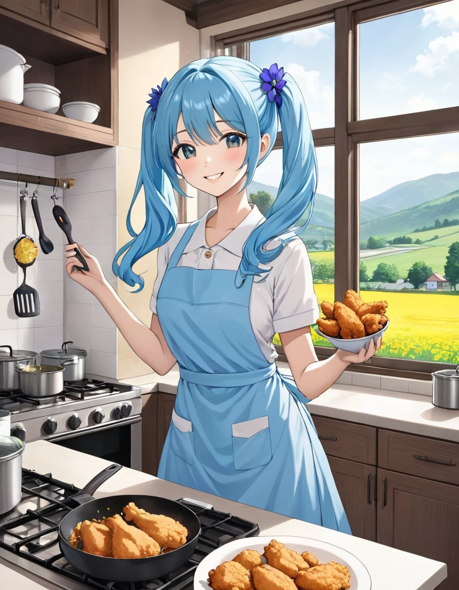 Light blue long hair、Beautiful girl with twin tails、Bright kitchen、Outside the window you can see a flower field、It looks like fun. They are frying fried chicken.、Bright smile、