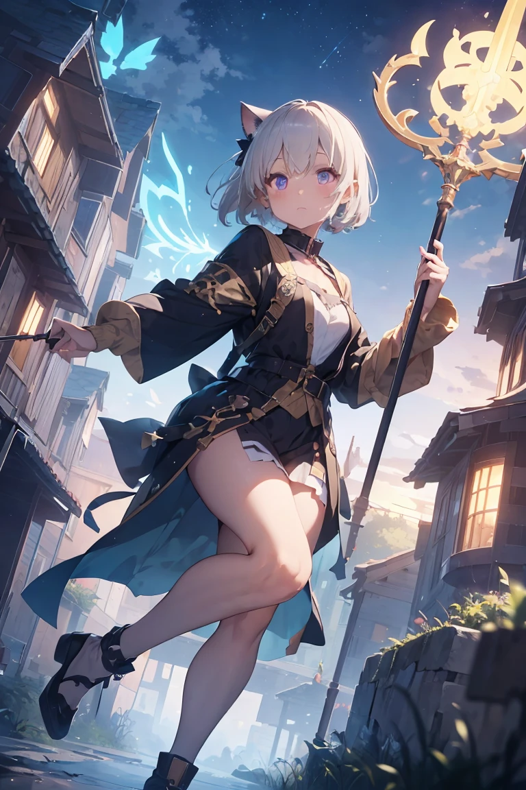 masterpiece,Highest quality,Super detailed,Highly detailed CG,High resolution,Highly detailed skin,Perfect Anatomy,Trick him?Fantastic details,Cowboy Shot,Purple eyes,lipstick,eyeliner,eye shadow,thin,Shiny skin,Medium chest,Bobcut,Silver Hair,Shiny Hair、(of Legends, Mythical Glowing Staff:1.6),(棒の先端はかわいい猫のFoot shapeをしています:1.6),(Look out for the cat-shaped stick:1.6),(Battle at the Demon Castle:1.5),The handle of the cane is smooth and fits comfortably in your hand..、There is a cat at the end of the road'Foot shape.。The paw pads are covered with a soft texture..、Feels warm to the touch。At the tip of the stick、It is decorated like a cat'nails.、The glow gives off a mysterious light。
The whole staff、Carved with ancient writings and magical symbols.、The design is mysterious and beautiful.。The stick is strong.、at the same time, Gives a sense of elegant energy.。Not only does it give its owner strength and protection,,、It exists as a source of wisdom and courage..。