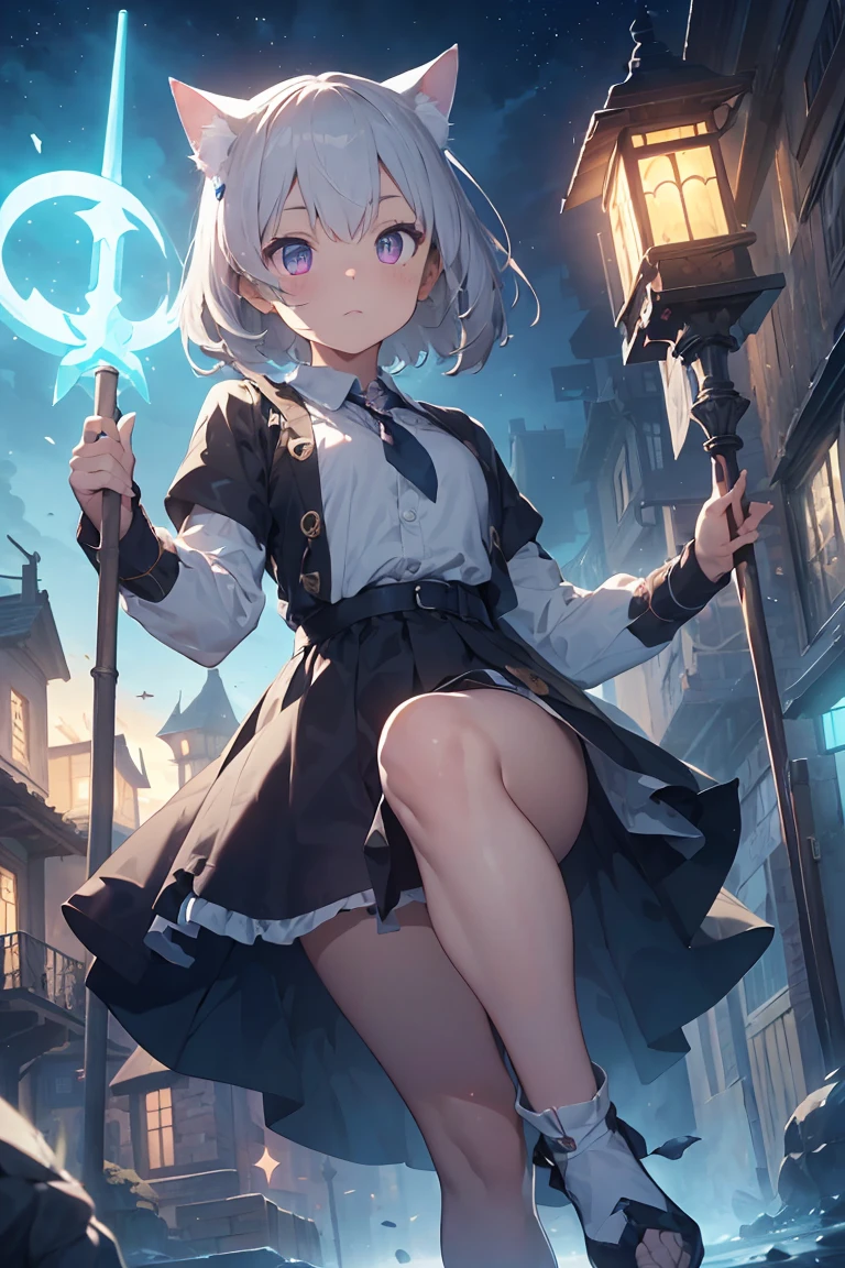 masterpiece,Highest quality,Super detailed,Highly detailed CG,High resolution,Highly detailed skin,Perfect Anatomy,Trick him?Fantastic details,Cowboy Shot,Purple eyes,lipstick,eyeliner,eye shadow,thin,Shiny skin,Medium chest,Bobcut,Silver Hair,Shiny Hair、(of Legends, Mythical Glowing Staff:1.6),(棒の先端はかわいい猫のFoot shapeをしています:1.6),(Look out for the cat-shaped stick:1.6),(Battle at the Demon Castle:1.5),The handle of the cane is smooth and fits comfortably in your hand..、There is a cat at the end of the road'Foot shape.。The paw pads are covered with a soft texture..、Feels warm to the touch。At the tip of the stick、It is decorated like a cat'nails.、The glow gives off a mysterious light。
The whole staff、Carved with ancient writings and magical symbols.、The design is mysterious and beautiful.。The stick is strong.、at the same time, Gives a sense of elegant energy.。Not only does it give its owner strength and protection,,、It exists as a source of wisdom and courage..。