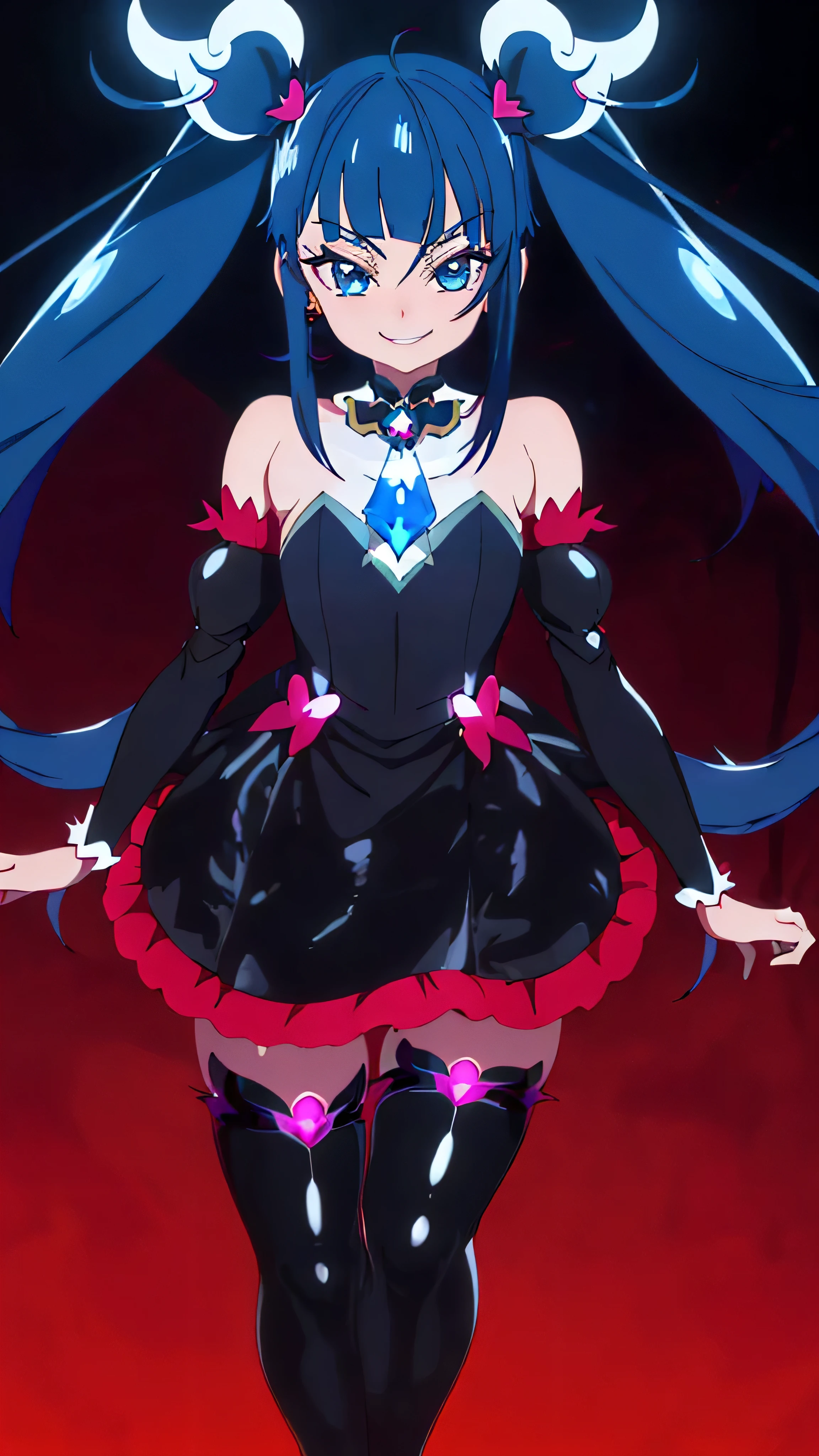 Highest quality, Super detailed,One girl, alone, {cure_null_hirogarunullprecure:1.15}, Dark blue hair, blue eyes, Blue flames in the eyes, Long Hair, Twin tails, Magical girl, bangs, Open your mouth, Redhead, multicoloRedhead, One girl, blunt bangs, Darken your clothes, hair ornaments, Wicked Smile, devilish aura (Shiny fabric:1.5), Full Body Shot, Purple Gemstone, Fascinating, blush, (Beautiful attention to detail:1.6), Highly detailed face, Perfect lighting, Highly detailed CG, (Perfect hands, Perfect Anatomy), devil, Red and black color scheme, Shiny material, Grin, Black Ribbon, Black satin gloves, Evil clover leaf ornament, Black ruffles, jewelry, corruption, Latex gloss, Black Gothic Cloak, Wicked Smile, Dark world background, Red Moon, cloudy null, CG Style, One-sided black wing,