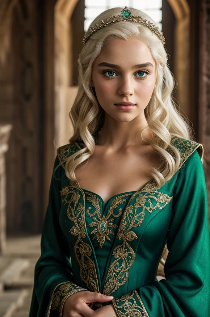 a young girl with Targaryen characteristics and very beautiful (detailed face), and emerald green medieval royalty dress
