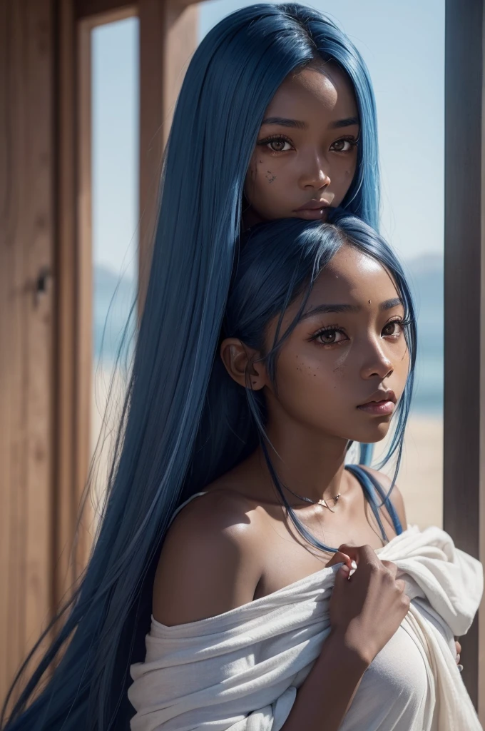 Female character with long blue hair, perfect face dark skin color with brown eyes, birthmark on your forehead.
