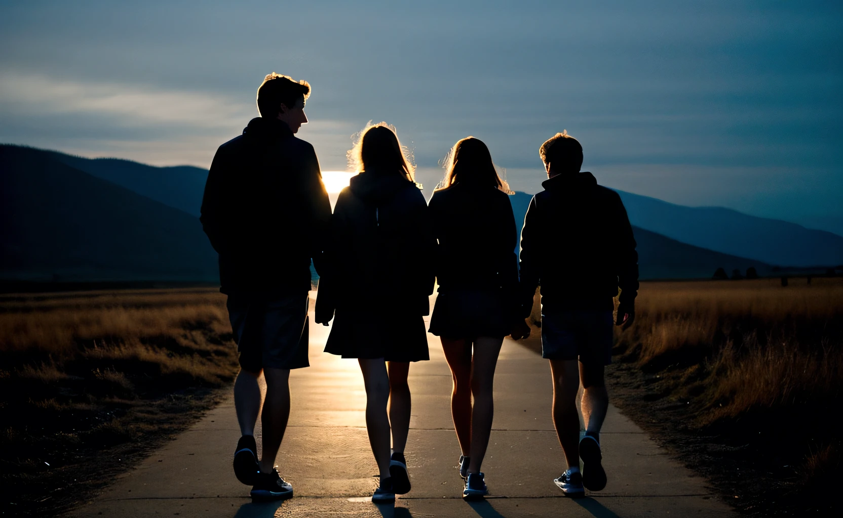 A teenage girl in the middle while 1 middle-aged boy and 1 slightly taller boy are walking away in the darkness with their backs facing me