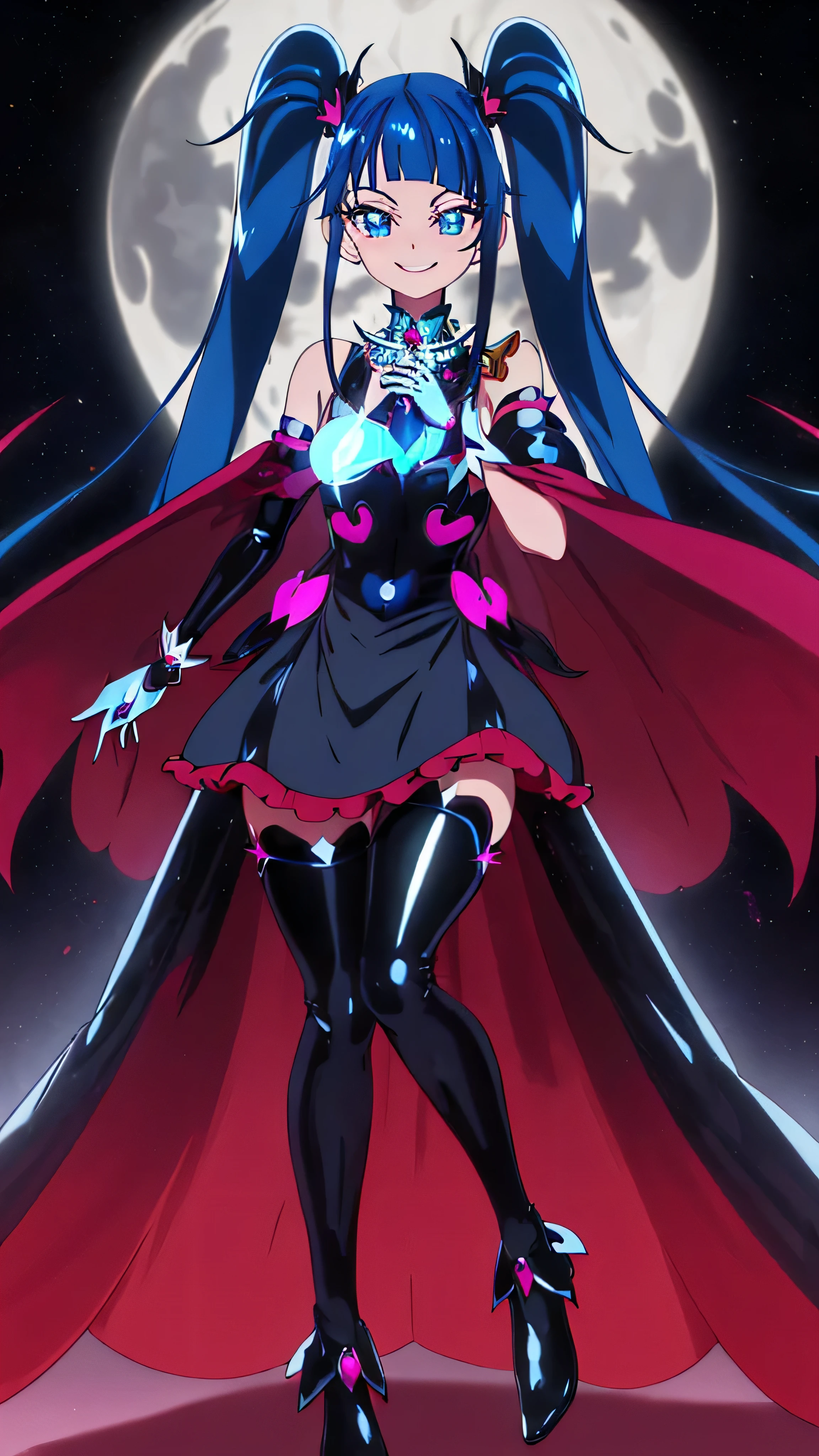 Highest quality, Super detailed,One girl, alone, {cure_null_hirogarunullprecure:1.15}, Dark blue hair, blue eyes, Blue flames in the eyes, Long Hair, Twin tails, Magical girl, bangs, Open your mouth, Redhead, multicoloRedhead, One girl, blunt bangs, Darken your clothes, hair ornaments, Wicked Smile, devilish aura (Shiny fabric:1.5), Full Body Shot, Purple Gemstone, Fascinating, blush, (Beautiful attention to detail:1.6), Highly detailed face, Perfect lighting, Highly detailed CG, (Perfect hands, Perfect Anatomy), devil, Red and black color scheme, Shiny material, Grin, Black Ribbon, Black satin gloves, Evil clover leaf ornament, Black ruffles, jewelry, corruption, Latex gloss, Black Gothic Cloak, Wicked Smile, Dark world background, Red Moon, cloudy null, CG Style, One-sided black wing,