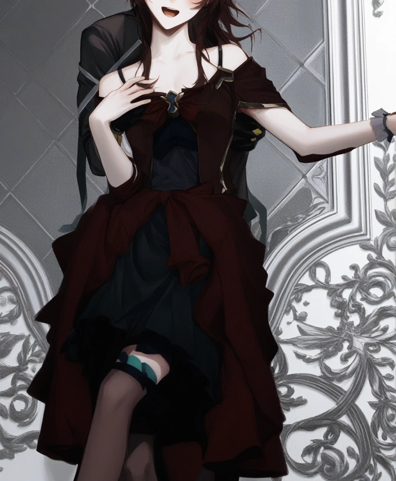 score_9, score_8_above, score_7_above, score_6_above ,2 girls, several girls, that carries, blush, SMILE, black hair band, gray fur, wide, medium hair, hair band, dress, gloves, Jacket, shirt, Skirt, absurdities, black gloves, black Jacket, black Skirt, that carries person, Firefly \(Honkai: star rail\), high resolution, Honkai: star rail, Honkai \(series\), long sleeves, looking at the viewer, mochiduki, Open mouth, princess carry, purple eyes, simple background, job \(Honkai: star rail\), pioneer \(Honkai: star rail\), yellow eyes