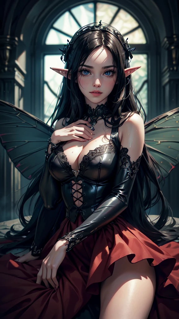 high details, best quality, 16k, RAW, [best detailed], masterpiece, best quality, (extremely detailed), full body, ultra wide shot, photorealistic, dark fantasy art, goth art, RPG art, D&D art, a picture of a dark female fairy in a goth church extremely beautiful fairy, ultra feminine (intense details, Masterpiece, best quality), best detailed face (intense details, Masterpiece, best quality), having wide butterfly wings, spread butterfly wings (intense details, Masterpiece, best quality), dark colors wings (intense details, Masterpiece, best quality), black hair, long hair, shinning hair, flowing hair, dark smile, wicked smile, blue eyes, dark red lips, wearing [red] dress latex corset (intense details, Masterpiece, best quality), dynamic elegant dress bondage gear, chocker, wearing high heels, in flower shop (intense details, Masterpiece, best quality), [extreme many flowers] (intense details, Masterpiece, best quality), dark colorful flowers (intense details, Masterpiece, best quality), flower shop in a dark goth era street background, dim light, cinematic light, gaslight lamp light, High Detail, Ultra High Quality, High Resolution, 16K Resolution, Ultra HD Pictures, 3D rendering Ultra Realistic, Clear Details, Realistic Detail, Ultra High Definition,detailed eyes, detailed hands, detailed eyes, elf woman, flowers, wet hair
