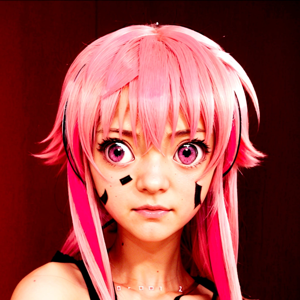 anime girl with pink hair and pink eyes staring at the camera, mirai nikki, anime girl named gasai yuno, gasai yuno, gasai yuno, ((pink)), as an anime character, in an anime style, anime character, in the art style of 2012 s anime, hyperrealistic anime style, gapmoe yandere, pink twintail hair and cyan eyes