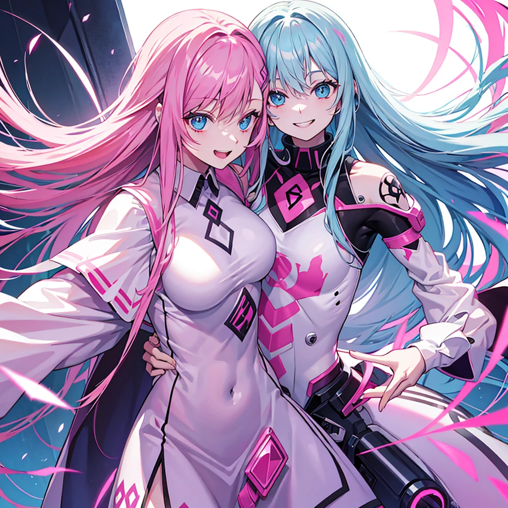 pink and long hair, light blue eyes, psychotic smile, female