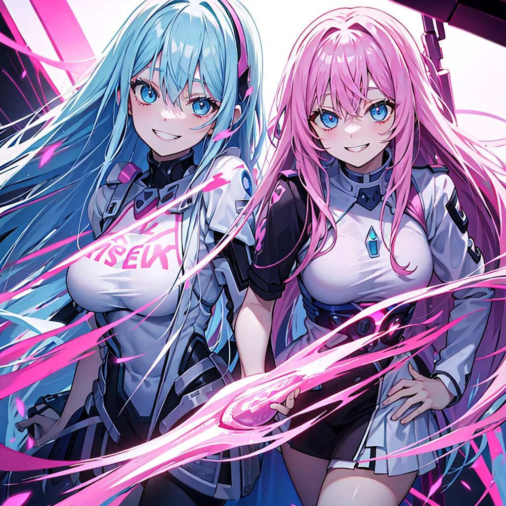 pink and long hair, light blue eyes, psychotic smile, female