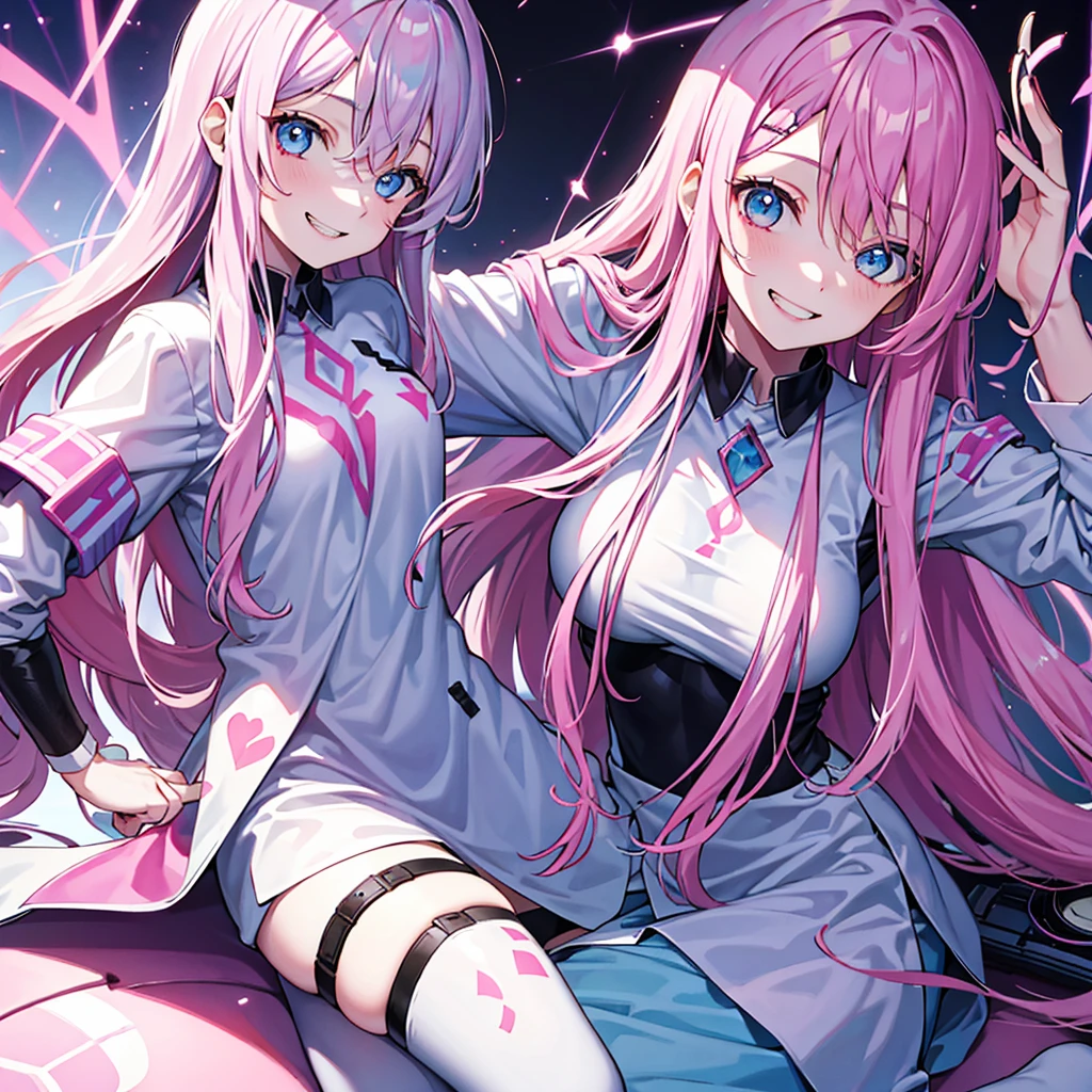 pink and long hair, light blue eyes, psychotic smile, female 