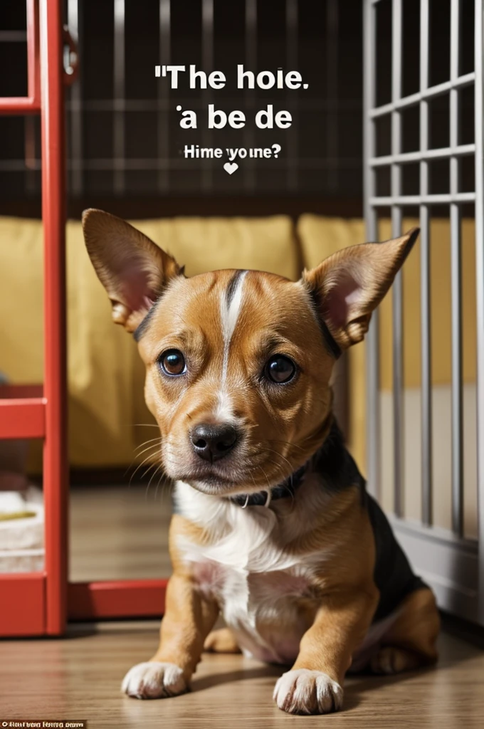 An adorable small dog looking directly at the camera The dog is sitting behind a cage, suggesting what is in a shelter with a blurred background highlighting the dog as the main objective with warm and soft toned colors for the dog and cold and dark colors for the background, highlighting the warmth that a pet can bring to a home and with a text at the top that says would you take me home? In a clear and friendly typography, and at the bottom a big red button that says adopt now 