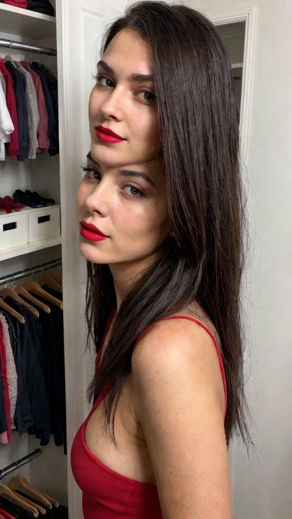 Woman selfie, long dark brown hair, black eyes, red lipstick, ultra realistic, Show dressing room
