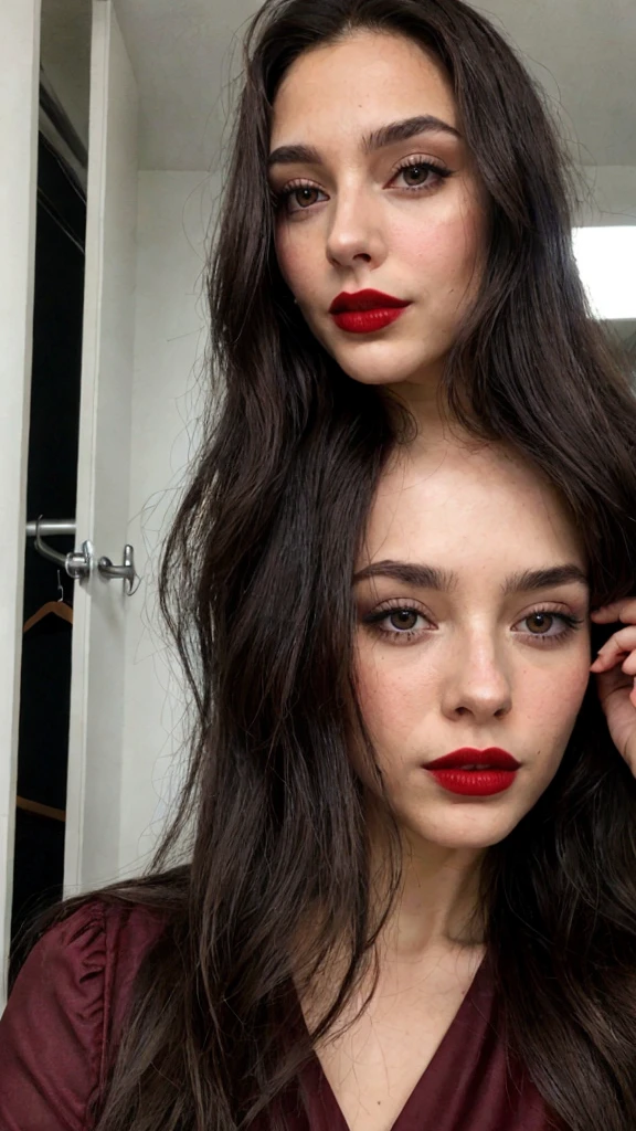 Woman selfie, long dark brown hair, black eyes, red lipstick, ultra realistic, Show dressing room