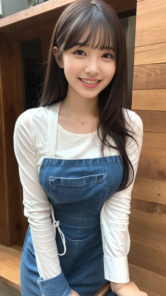 (Highly detailed CG unity 8k wallpaper), (masterpiece), (highest quality), (ultra detailed), (best illustration), (best shadow), ultra high resolution, (realistic, photorealistic: 1.2), (Kyoko Otonashi: 1.4), (long hair with bangs falling on forehead: 1.4), (smiling: 1.2), (large breasts: 1.4), ((pink long sleeve shirt: 1.2)), ((yellow apron: 1.2)), (apron with small chick mark: 1.2), (casual sandals: 1.2), (background is old wooden building: 1.4), (posture: 1.2)1.2), natural pose holding broom, use lighting and shadow to emphasize the three-dimensionality and realism, express natural light reflection, puffy eyes, close up, cloudy soft light, (upper body: 1.4)