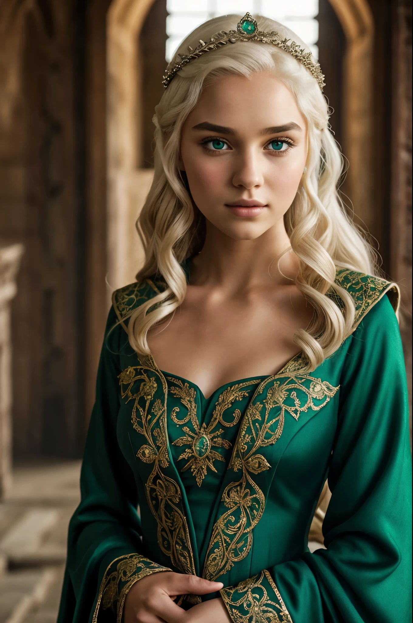 a young girl with Targaryen characteristics and very beautiful (detailed face), and emerald green medieval royalty dress