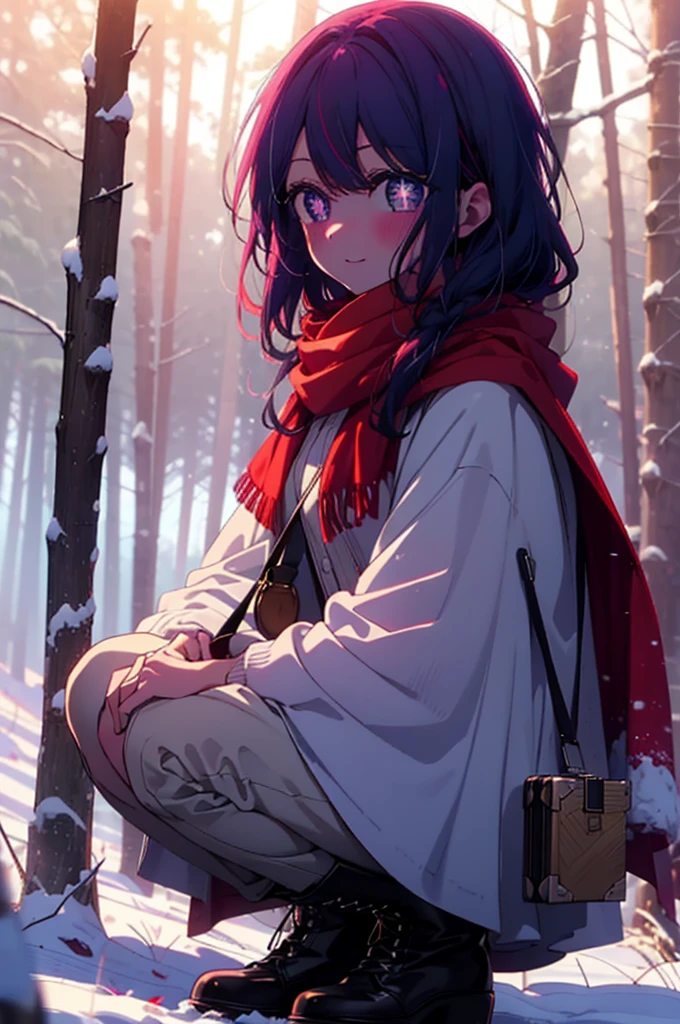 aihoshino, Ai Hoshino, Long Hair, bangs, (Purple eyes:1.1), Purple Hair, (Symbol-shaped pupil:1.5), smile,,smile,blush,White Breath,
Open your mouth,snow,Ground bonfire, Outdoor, boots, snowing, From the side, wood, suitcase, Cape, Blurred, , forest, White handbag, nature,  Squat, Mouth closed, Cape, winter, Written boundary depth, Black shoes, red Cape break looking at viewer, Upper Body, whole body, break Outdoor, forest, nature, break (masterpiece:1.2), Highest quality, High resolution, unity 8k wallpaper, (shape:0.8), (Beautiful and beautiful eyes:1.6), Highly detailed face, Perfect lighting, Extremely detailed CG, (Perfect hands, Perfect Anatomy),