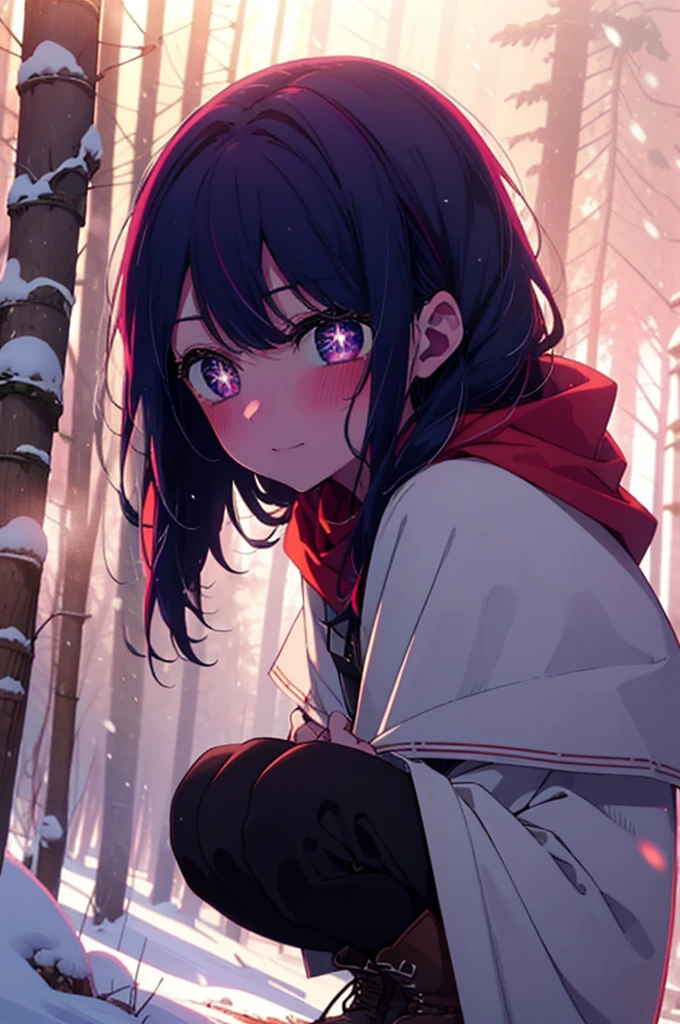 aihoshino, Ai Hoshino, Long Hair, bangs, (Purple eyes:1.1), Purple Hair, (Symbol-shaped pupil:1.5), smile,,smile,blush,White Breath,
Open your mouth,snow,Ground bonfire, Outdoor, boots, snowing, From the side, wood, suitcase, Cape, Blurred, , forest, White handbag, nature,  Squat, Mouth closed, Cape, winter, Written boundary depth, Black shoes, red Cape break looking at viewer, Upper Body, whole body, break Outdoor, forest, nature, break (masterpiece:1.2), Highest quality, High resolution, unity 8k wallpaper, (shape:0.8), (Beautiful and beautiful eyes:1.6), Highly detailed face, Perfect lighting, Extremely detailed CG, (Perfect hands, Perfect Anatomy),