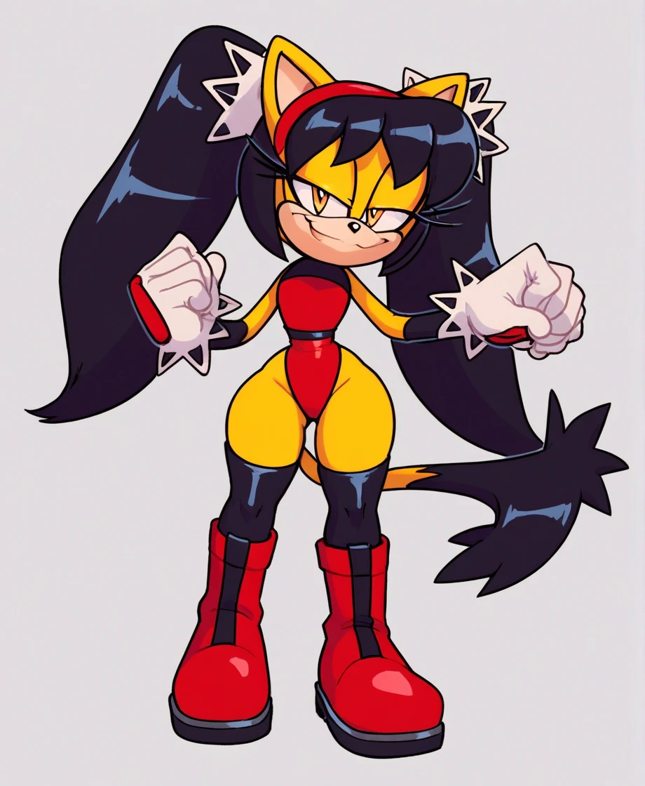 score_9, score_8_up, 2D, flat color, a plain white background with nothing in it, looking at viewer, 1girl, very detailed, extremely detailed, honey the cat from the sonic the hedgehog series, standing, full body, wide hips, narrow waist, curvy, frilly hair ties, half-closed eyes, smug smile, red leotard (latex leotard), (black stockings), (red boots)