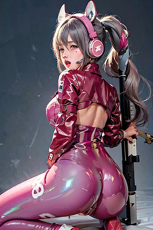 (masterpiece:1.4),(best quality:1.4),ultra high res,((detailed facial features)),HDR,8k resolution,Kpop idol,aegyo sal,1boy,1girl,animal ears,bangs,blush,bodysuit,breasts,censored,covered navel,fake animal ears,grey hair,gun,headphones,headset,hetero,jacket,large breasts,latex bodysuit,long hair,looking at viewer,mosaic censoring,open mouth,penis,pink bodysuit,pink eyes,pussy,rifle,sex,simple background,skin tight,solo focus,spread legs,twintails,vaginal,weapon,(shiny skin),(slime girl),alice \(nikke\),pink bodysuit,animal ear headphones,shiny clothes,twintails,latex bodysuit,blush,crying,from back,looking back,ass,kneeling,